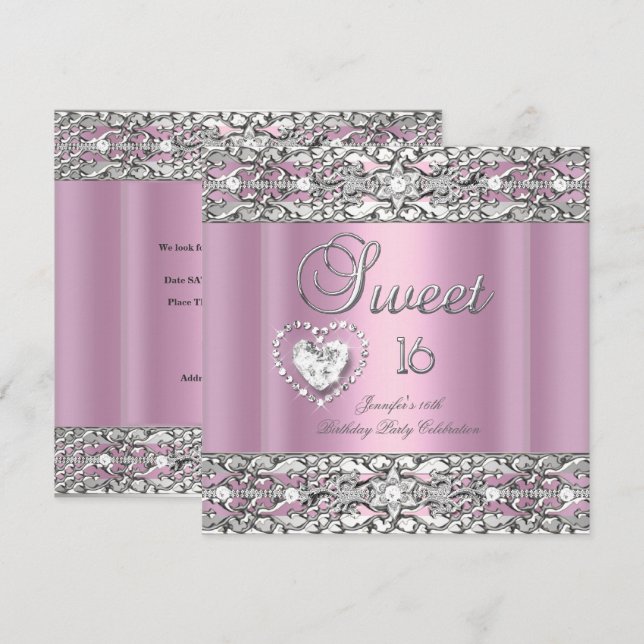 Sweet Sixteen 16 Party Pink Silver Diamond Invitation (Front/Back)