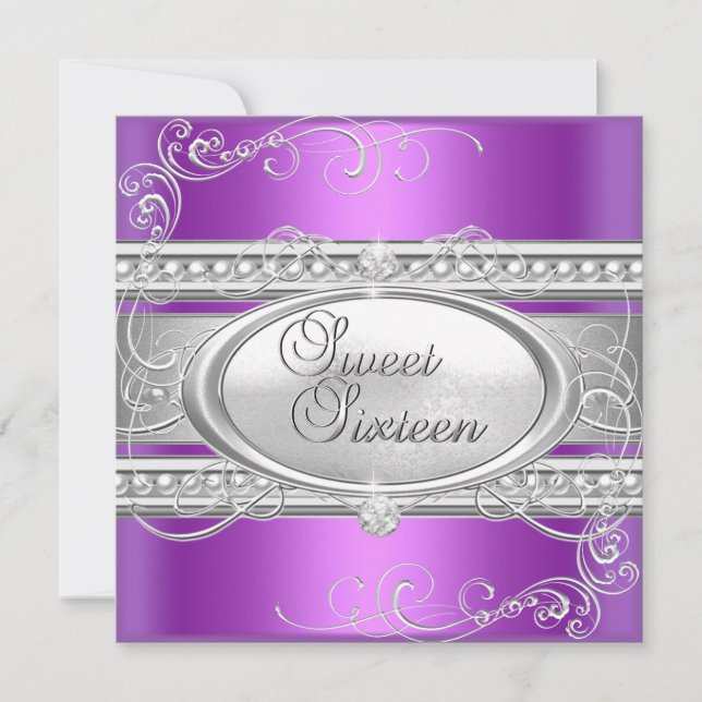 Sweet Sixteen 16 Party Purple White Silver Pearl Invitation (Front)