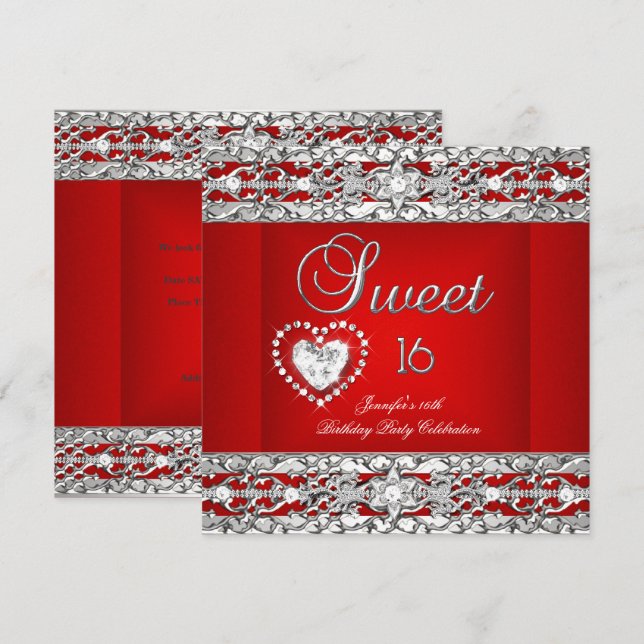 Sweet Sixteen 16 Party Red Silver Diamond Invitation (Front/Back)
