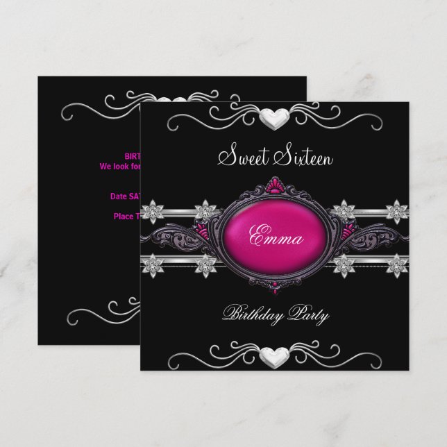 Sweet Sixteen 16 Party Silver Pink Black Jewel Invitation (Front/Back)