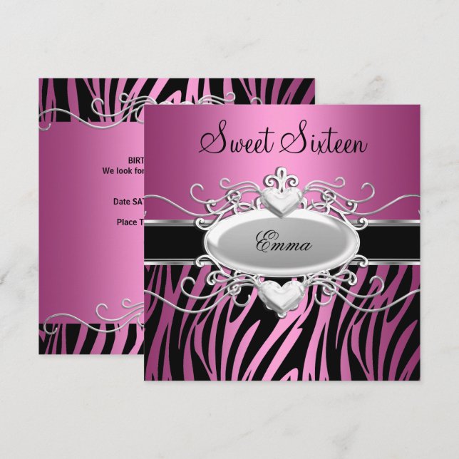 Sweet Sixteen 16 Party Silver Pink Black Zebra Invitation (Front/Back)