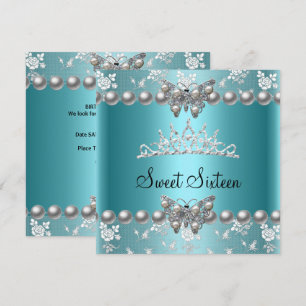Sweet Sixteen 16 Party Teal Blue Pearl Butterfly Invitation