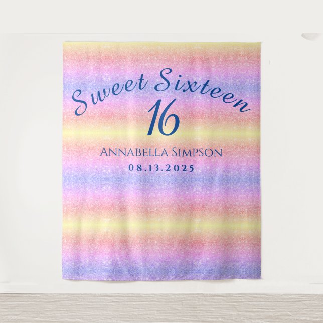 Sweet Sixteen 16 Personalized Rainbow Glitter  Tapestry (Front)