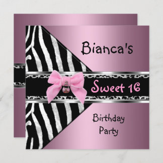 Sweet Sixteen 16 Pink Silver Black Zebra Leopard Invitation
