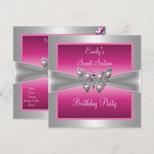 Sweet Sixteen 16 Pink Silver Butterfly Birthday 4 Invitation (Front/Back)