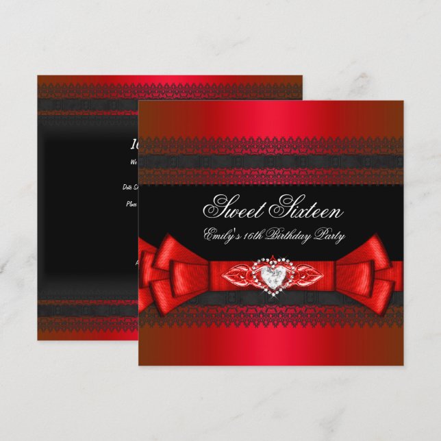 Sweet Sixteen 16 Red Black Diamond Bow Invitation (Front/Back)