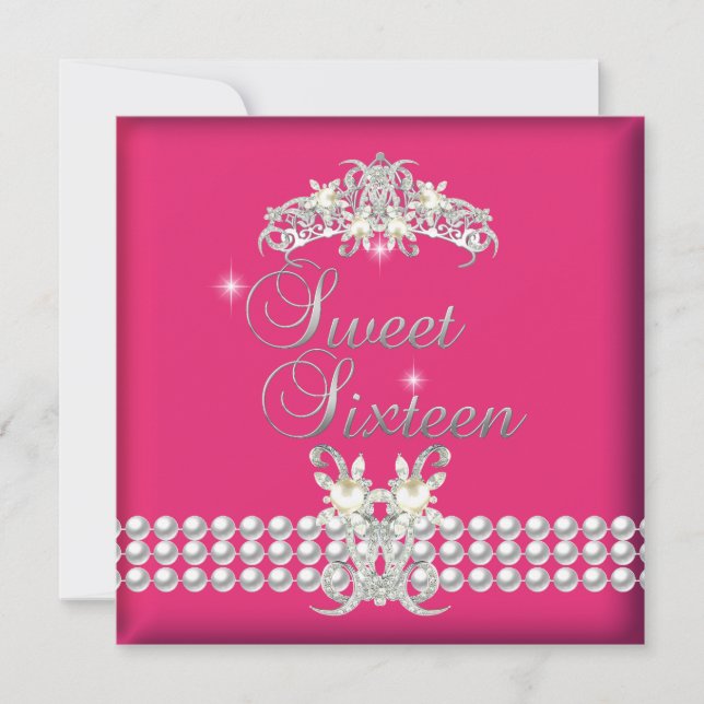 Sweet Sixteen 16 Tiara Pink Silver White Pearl Invitation (Front)