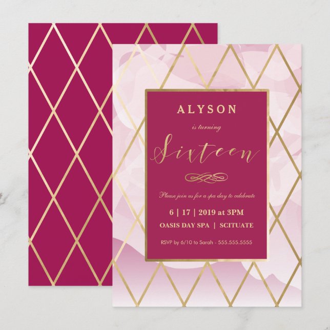 Sweet sixteen, 16e anniversaire Invitation Gold Gi (Devant / Derrière)