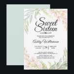 Sweet Sixteen 16th Birthday Blue Pink Floral Invitation<br><div class="desc">Blue pink floral sweet sixteen 16th birthday invitation, elegant pink floral design with leaves in pale blue and green watercolors. This chic sweet 16 invitation features elegant script and modern typography. The back of the card is painted in a matching blue watercolor. For further customization, please click the "customize further"...</div>