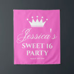 Sweet sixteen 16th Birthday party photo backdrop Tapestry<br><div class="desc">Girl's sweet sixteen 16th Birthday party hot pink photo backdrop personalized with name and date. Classy design for sixteenth Birthday celebration of teen girl. Elegant script text and princess crown. Sixteenth Birthday celebration design for taking pictures. Pink and white photo shoot tapestry in different sizes.</div>