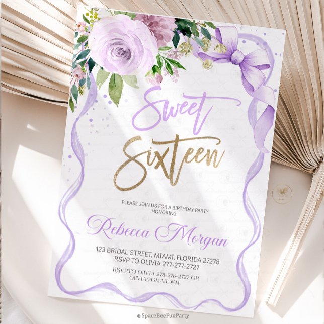 Sweet Sixteen 16th birthday Save The Date (Sweet Sixteen, Invitation Sweet ,16 Invite purple Bow ,Floral Watercolor, 16th Birthday ,Sweet Sixte)