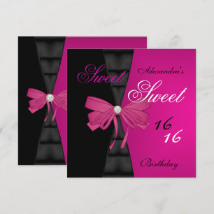 Sweet Sixteen 16th Bright Pink Black Bow party Invitation