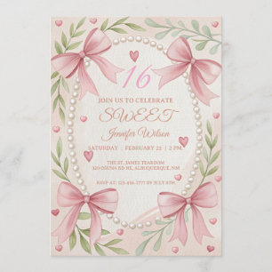 Sweet Sixteen 16th Pink Bow Whimsical Birthday  Invitation