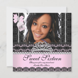 Sweet Sixteen 16th Pink Silver Photo Black Lace Invitation