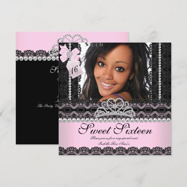 Sweet Sixteen 16th Pink Silver Photo Black Lace Invitation (Front/Back)