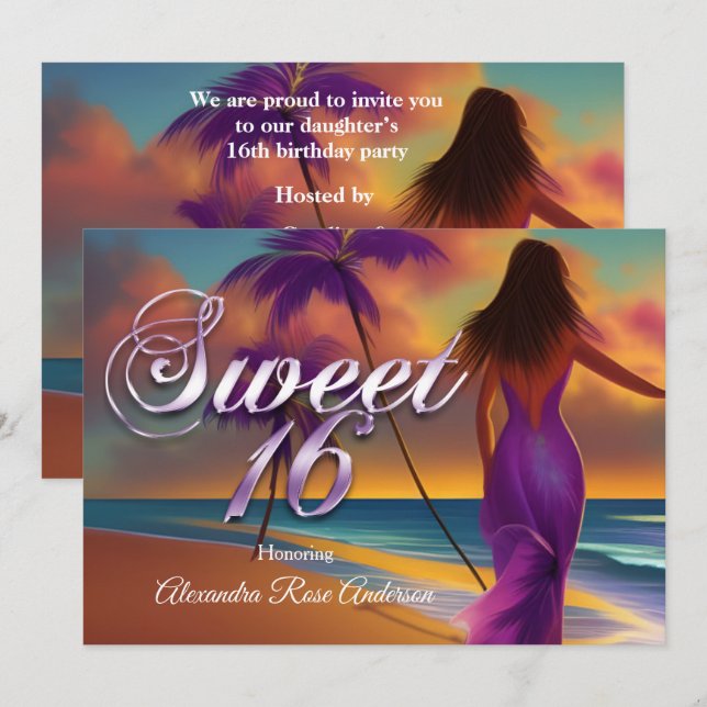 Sweet Sixteen 16th Purple girl Beach Ocean gold Invitation (Front/Back)