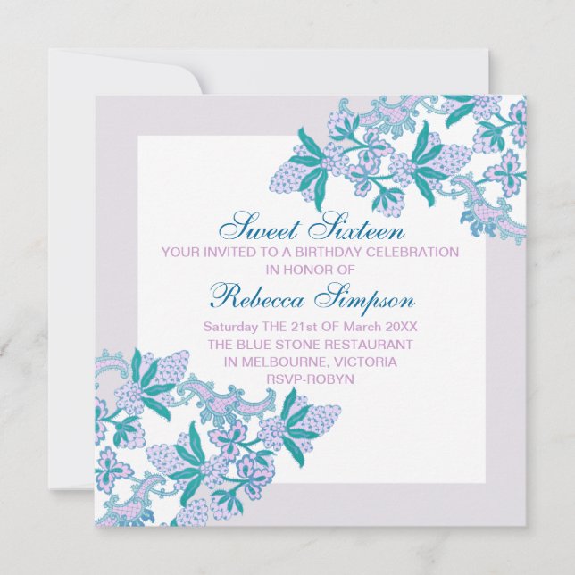 Sweet sixteen Aqua Fleurs Invitation Anniversaire (Devant)