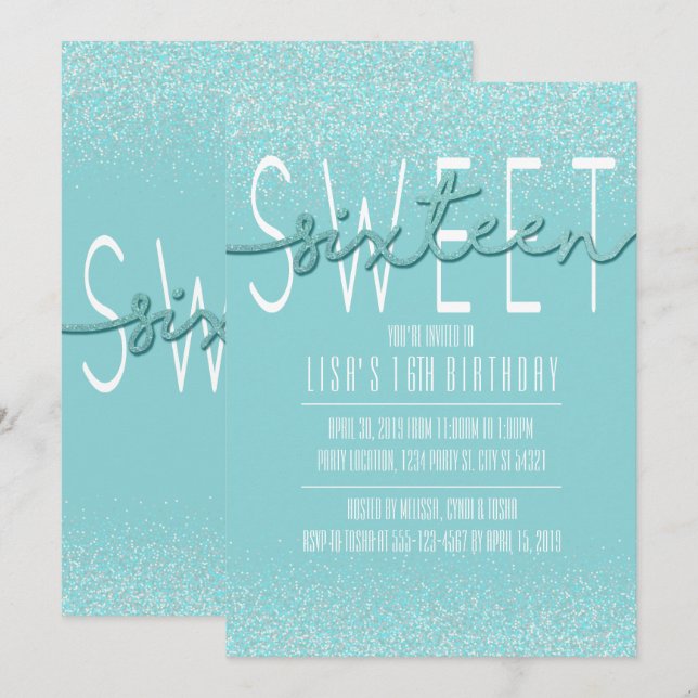 Sweet Sixteen, Aqua Glitter Birthday Invitations (Front/Back)