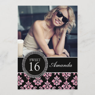 SWEET SIXTEEN, BABY PINK GLITTER, BLACK DAMASK INVITATION