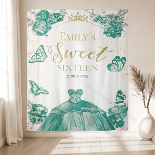 Sweet Sixteen Backdrop Butterfly Green Dress Tapestry