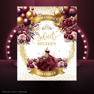Sweet Sixteen Banner Burgundy Flowers Gold Glitter Tapestry