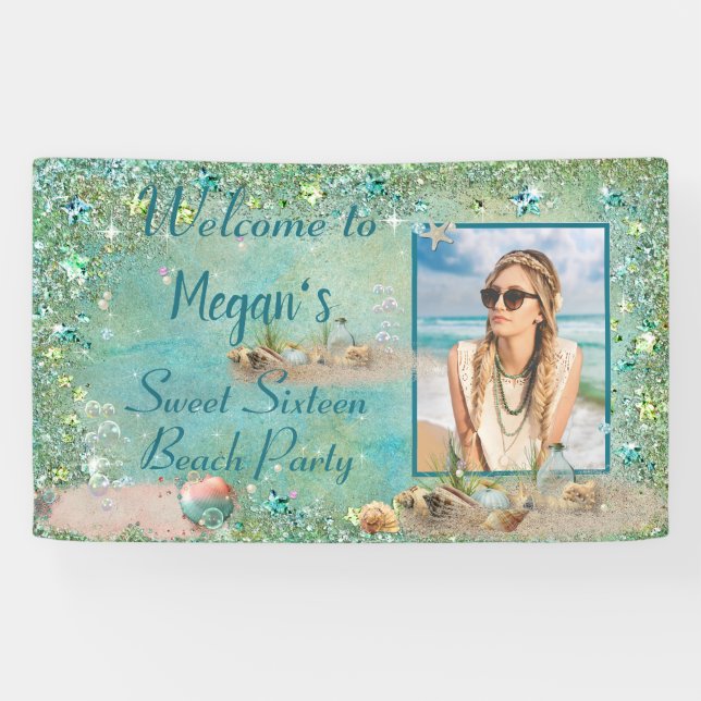 Sweet Sixteen Beach Party Seashells Sand Starfish  Banner (Horizontal)