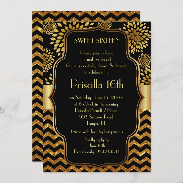 Sweet Sixteen Birthday,16th,Gatsby style,black,Gol Invitation (Front/Back)