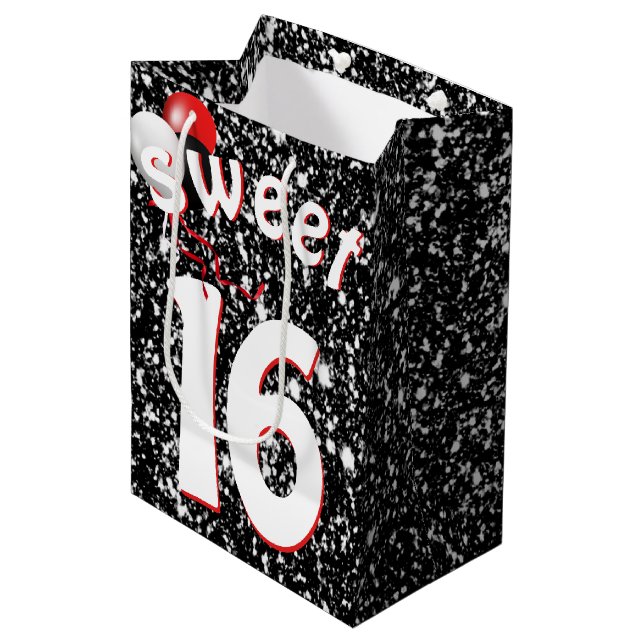Sweet Sixteen Birthday Balloons on Black Glitter Medium Gift Bag (Front Angled)