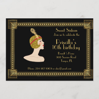 Sweet Sixteen birthday, Gatsby style, black & gold Invitation
