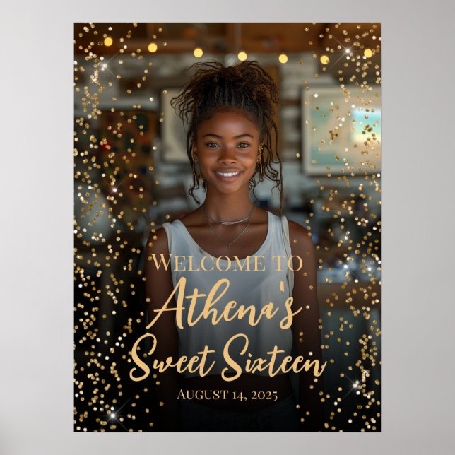 Sweet sixteen birthday gold confetti welcome sign (Front)