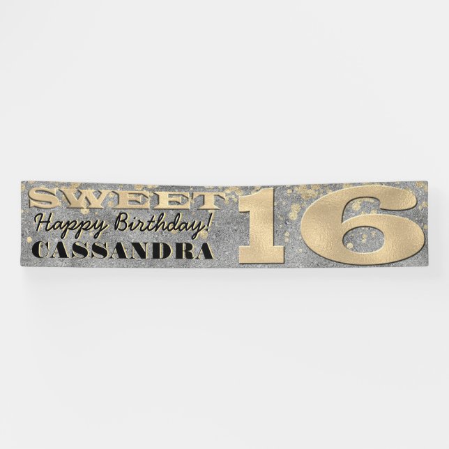 Sweet Sixteen Birthday | Gold Foil and Glitter Banner (Horizontal)