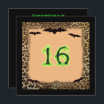 Sweet Sixteen Birthday, Halloween, Bats Invitation<br><div class="desc">Sweet Sixteen Birthday Party Invitation. A Halloween theme with  black bats on a leopard  frame.  The number 16 is extra creepy in Neon Green tree branches,  funky text. Text on reverse can be customized to your needs. Background colour on back can also be changed to your favourite colour.</div>