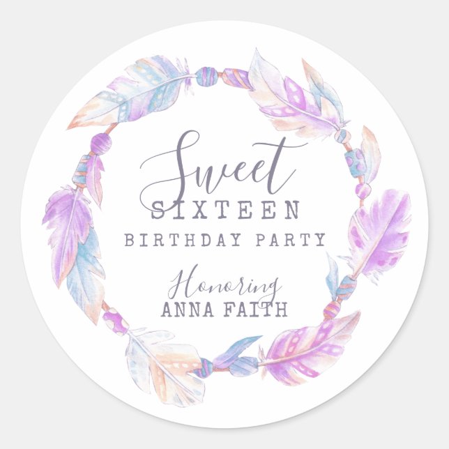 Sweet sixteen birthday party boho art purple classic round sticker (Front)