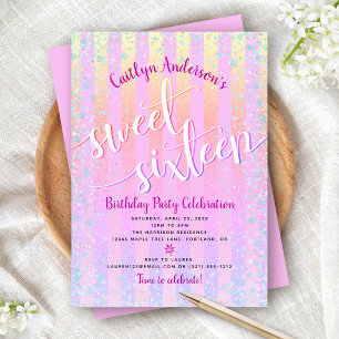 Sweet Sixteen Birthday Pink Purple Ombre Stripes Invitation