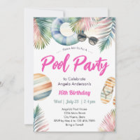 Sweet Sixteen Birthday Pool Party Invitation