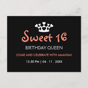 Sweet Sixteen Birthday Queen - Pink Black Invite