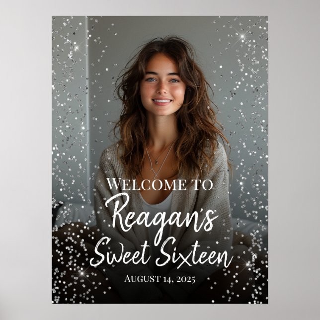 Sweet sixteen birthday silver glitter welcome sign (Front)