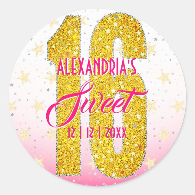 Sweet Sixteen Birthday | Stars Pink Glitter Classic Round Sticker (Front)