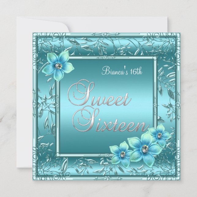 Sweet Sixteen Birthday Teal Blue Flower Silver 2 Invitation (Front)