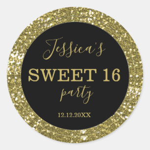 Sweet Sixteen  Black And Gold Glitter Classic Round Sticker