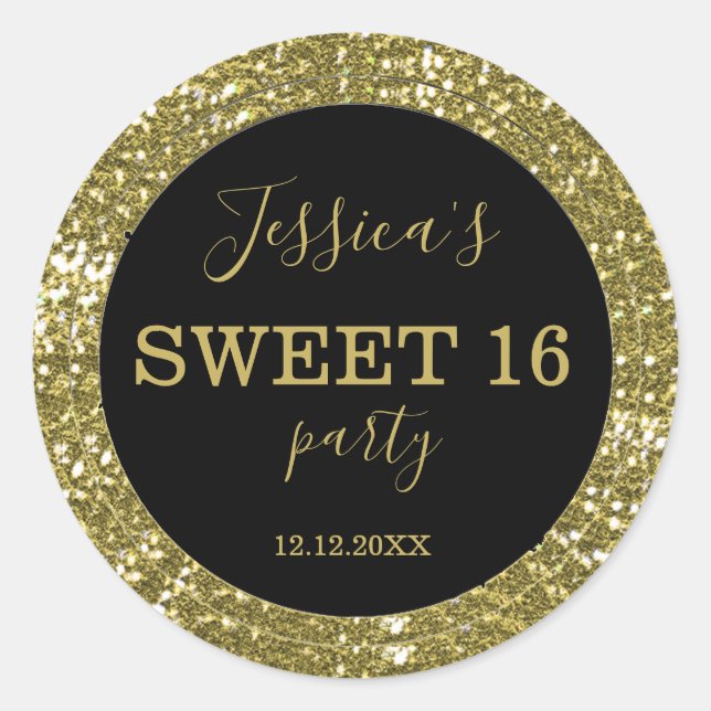 Sweet Sixteen  Black And Gold Glitter Classic Round Sticker (Front)
