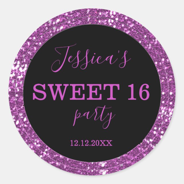 Sweet Sixteen  Black And Pink Glitter Classic Round Sticker (Front)