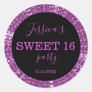 Sweet Sixteen  Black And Pink Glitter Classic Round Sticker