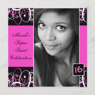 Sweet Sixteen Black and Pink Swirl Birthday Invite