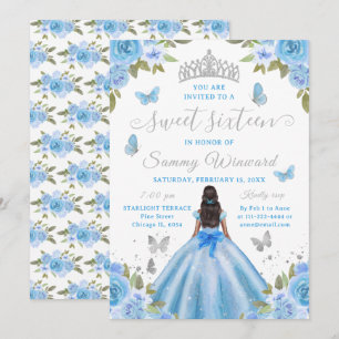 Sweet Sixteen Black Princess Blue Floral Tiara Invitation