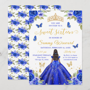Sweet Sixteen Black Princess Blue Floral Tiara Invitation