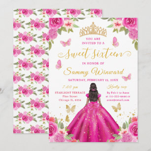 Sweet Sixteen Black Princess Hot Pink Floral Tiara Invitation