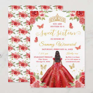 Sweet Sixteen Black Princess Red Floral Tiara Invitation