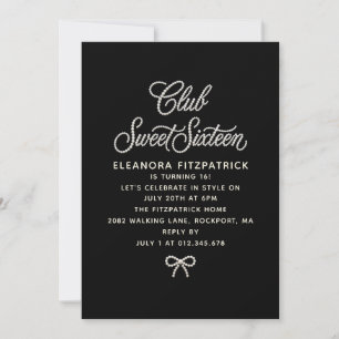 Sweet Sixteen Black White Pearl Script Bow Invitation