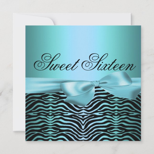 Sweet sixteen Bleu Zèbre / Bow Invitation Annivers (Devant)